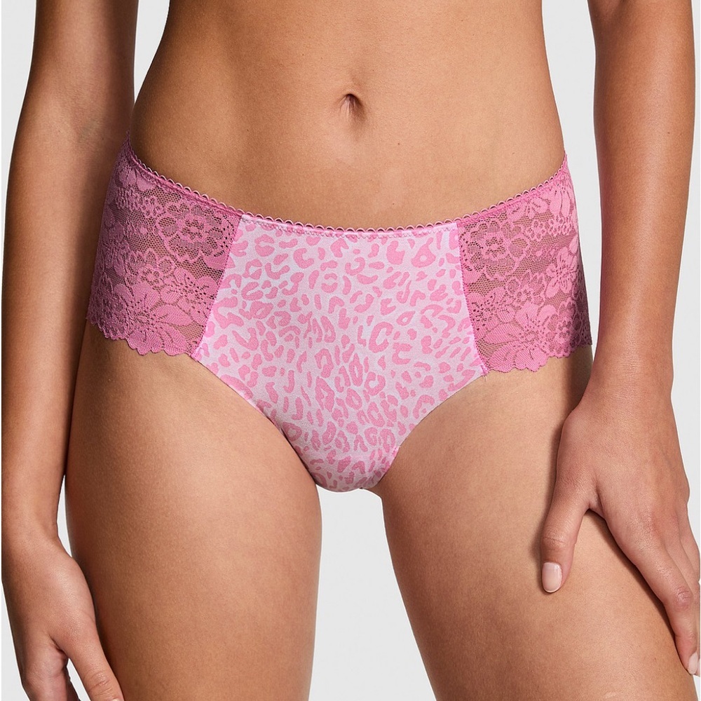 Victoria’s Secret PINK No Show Cheeky Women's Moonstone Pink Leopard Lace Panty